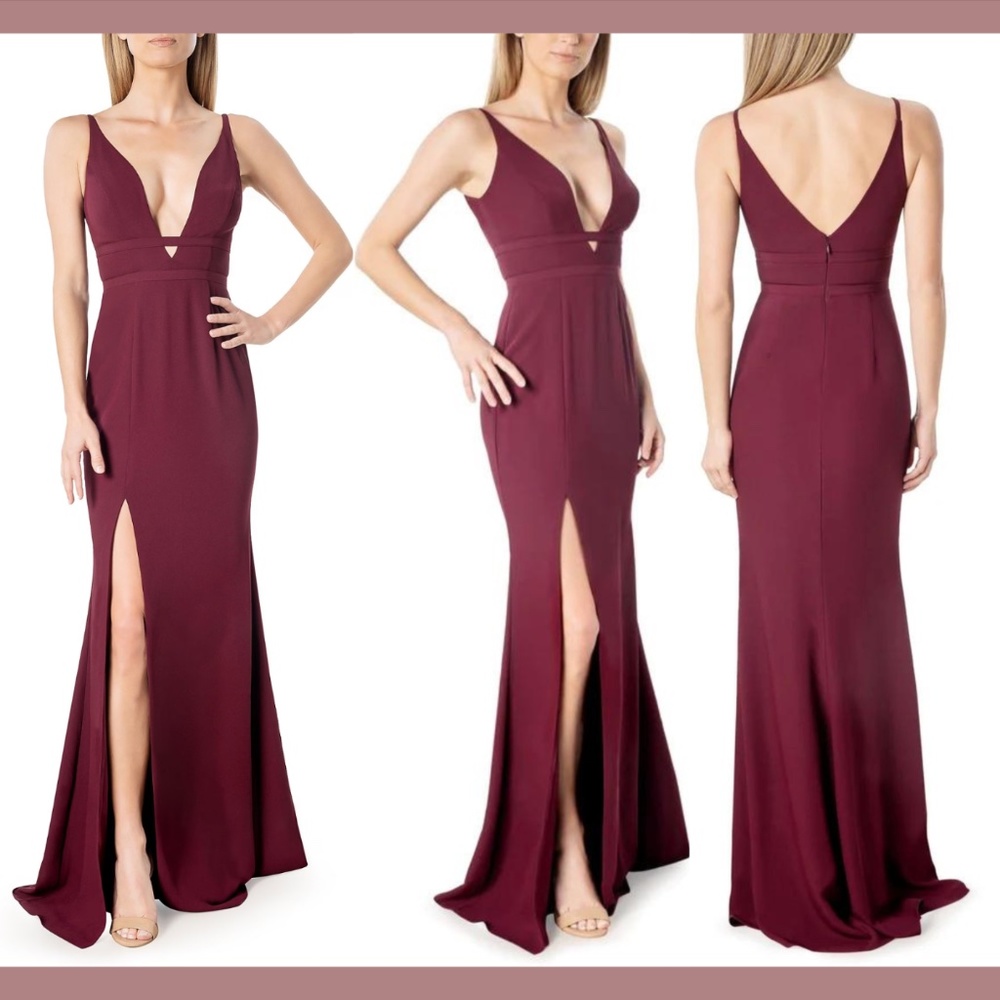 NWT $228 Dress The Population [ XS ] Viola Deep V-Neck Cutout‎ Gown Burgundy